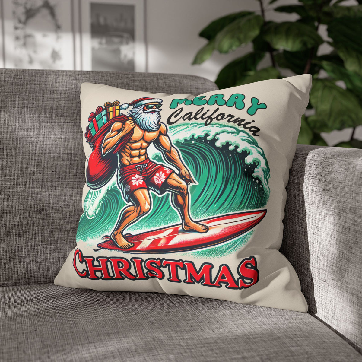 California Christmas Throw Pillow Cover | Surfing Santa Beach Decor | Beach Bum Gift | Christmas Home Decor | Faux Suede Pillow Case