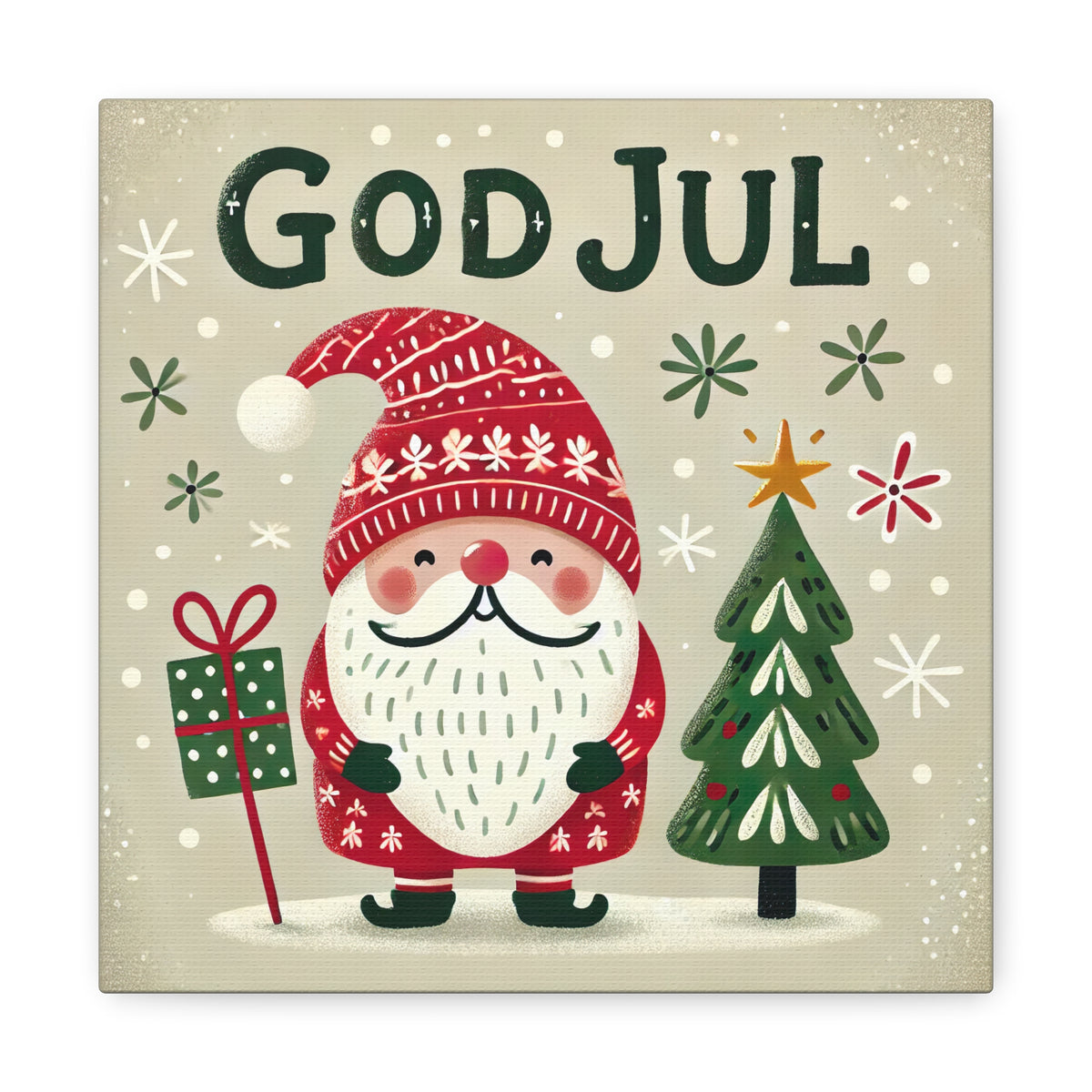 God Jul Scandinavian Christmas Gnome Wall Art | Nordic Christmas Gift Home Decor  | Farmhouse Wall Art | Square Canvas Gallery Art