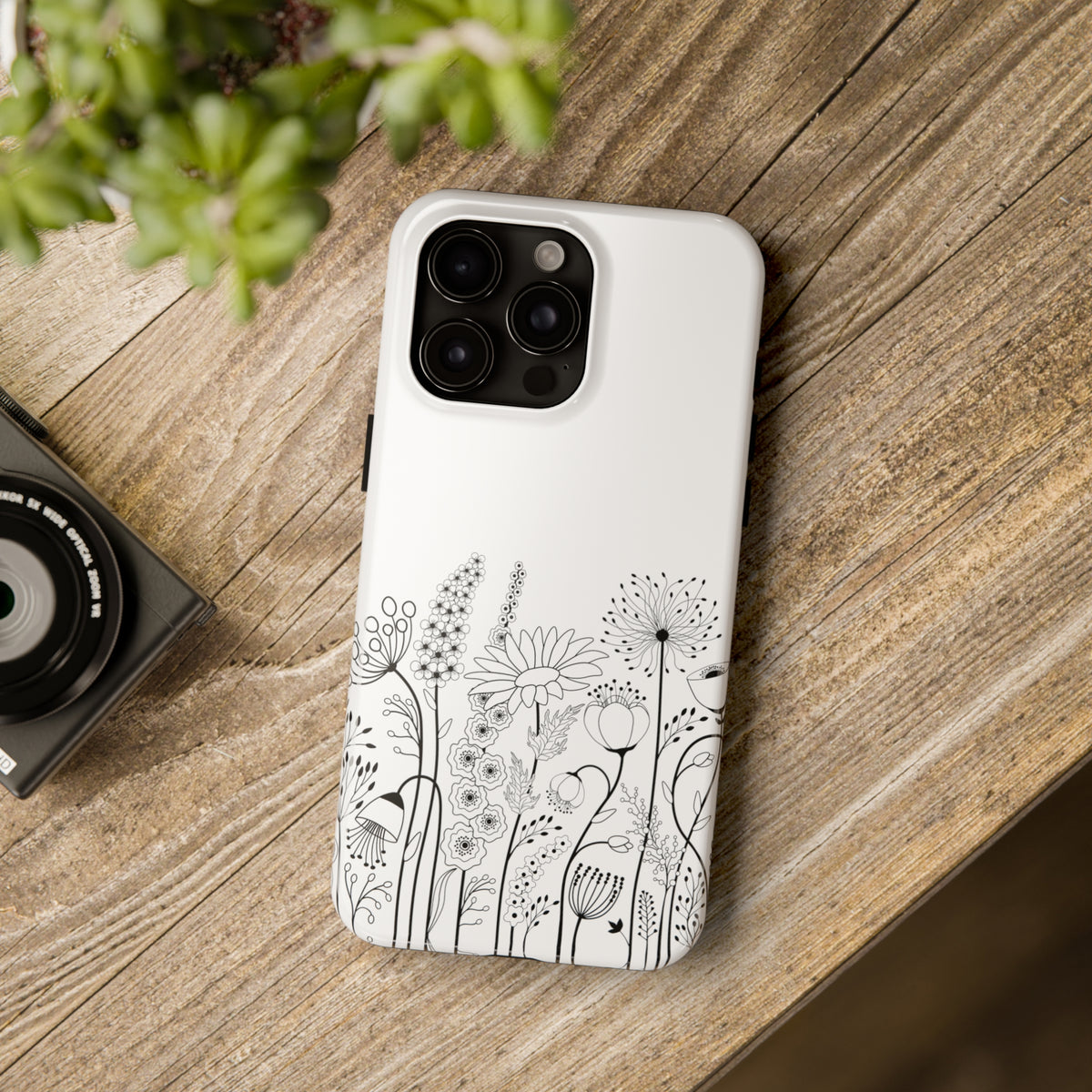 Black & White Wildflower Art iPhone 15 Phone Case |