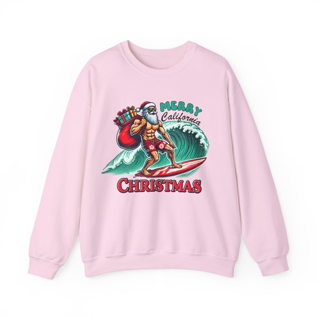 Funny California Christmas Sweatshirt | Surfing Santa Shirt | Gift for Beach Bum | Unisex Crewneck Sweatshirt