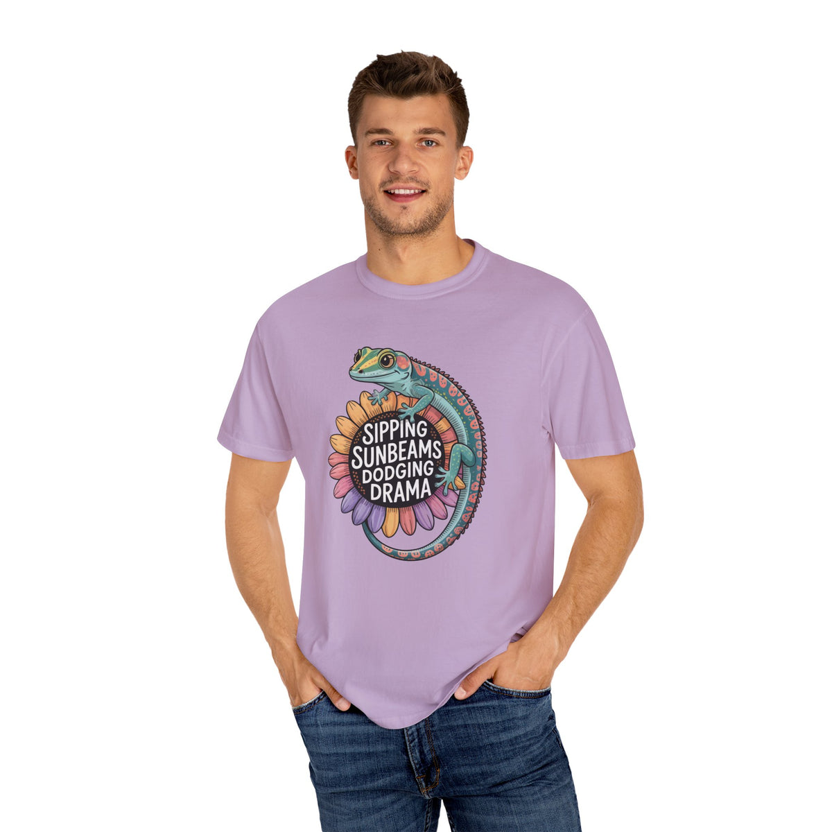 Sipping Sunbeams Cute Gecko Sunflower Shirt | Positive Vibes Summer Shirt | Unisex Garment-Dyed T-shirt