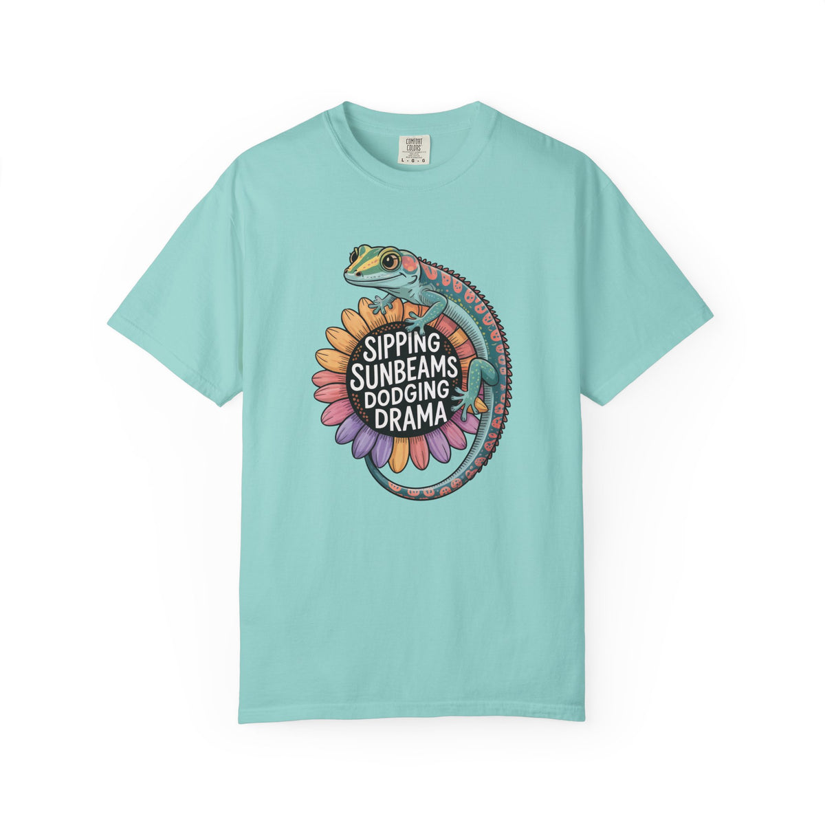 Sipping Sunbeams Cute Gecko Sunflower Shirt | Positive Vibes Summer Shirt | Unisex Garment-Dyed T-shirt