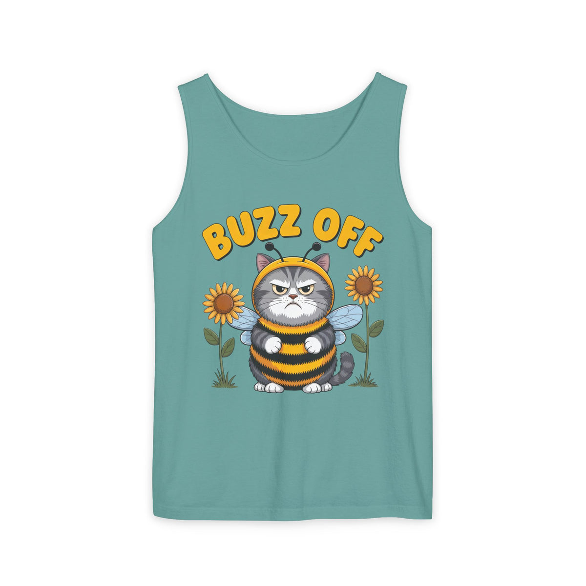 Buzz Off Funny Cat Meme Shirt | Cat Lover Introvert Shirt | Cute Bee Antisocial Shirt | Unisex Garment-Dyed Tank Top