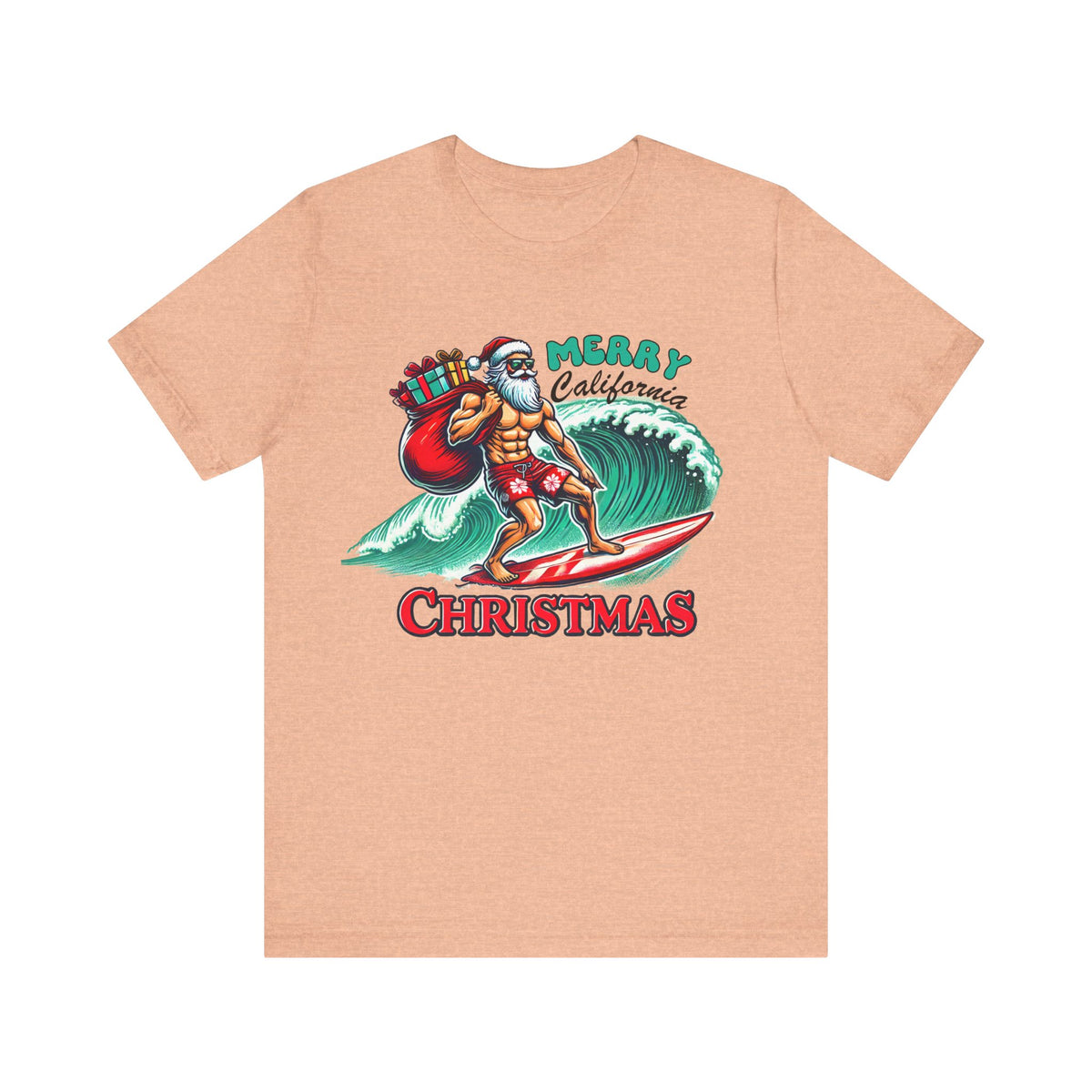 Funny California Christmas Shirt | Surfing Santa Shirt | Gift for Beach Bum | Unisex Jersey T-shirt