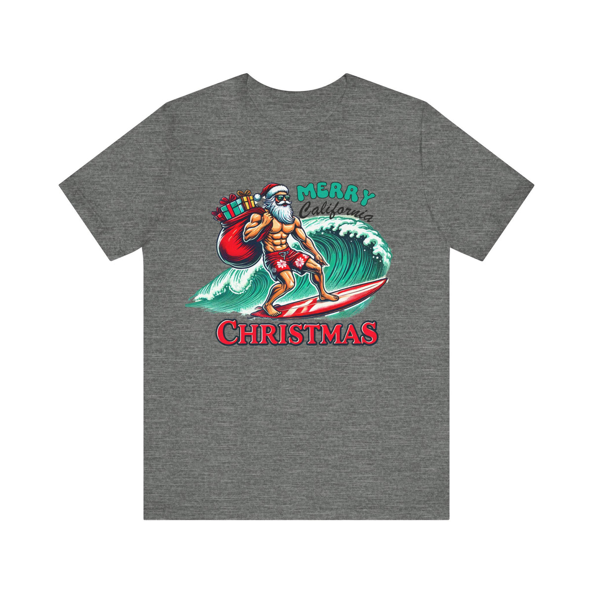 Funny California Christmas Shirt | Surfing Santa Shirt | Gift for Beach Bum | Unisex Jersey T-shirt