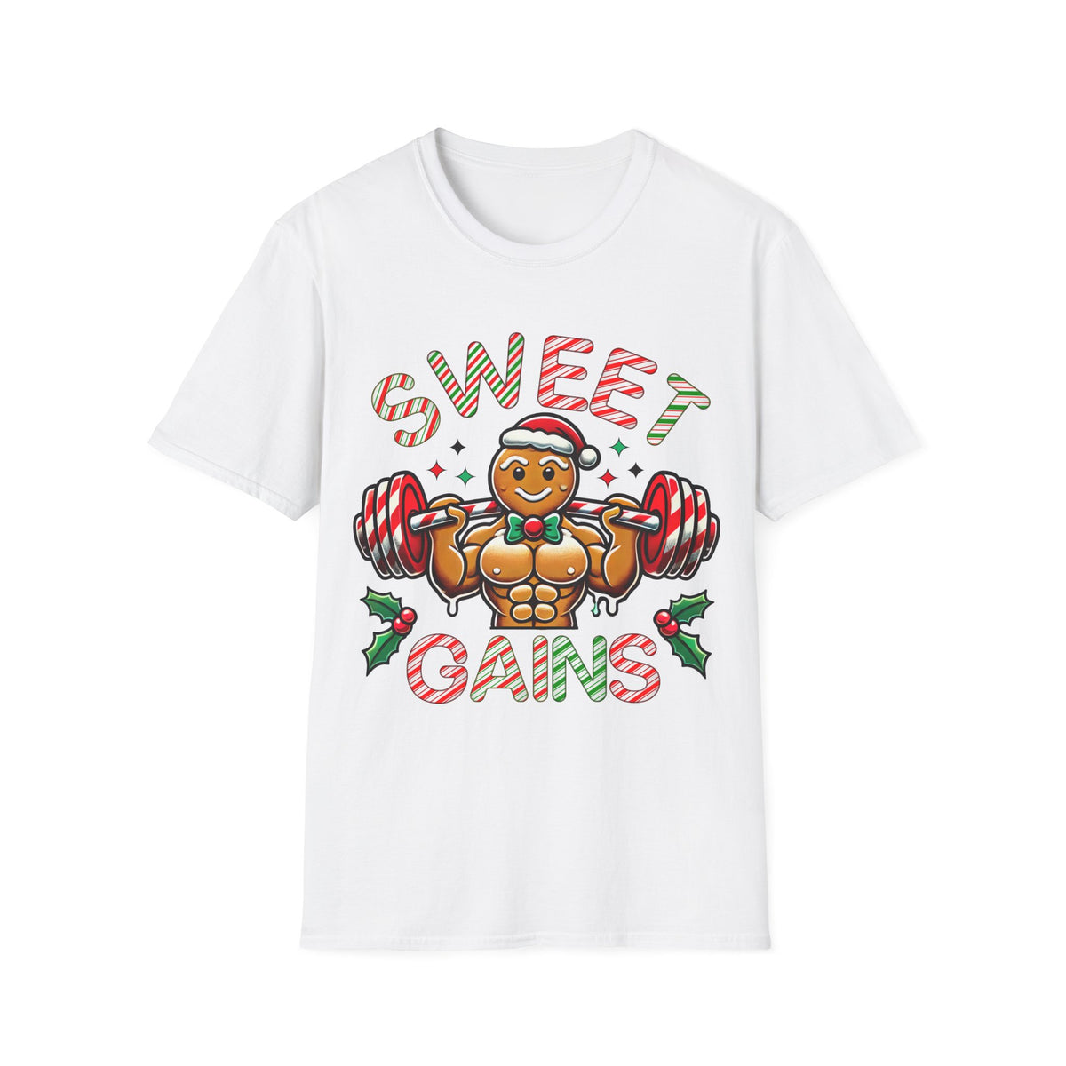 Sweet Gains Gingerbread  Gym Workout Shirt | Funny Christmas Gingerbread Shirt | Gym Rat Gift | Unisex Soft Style T-Shirt