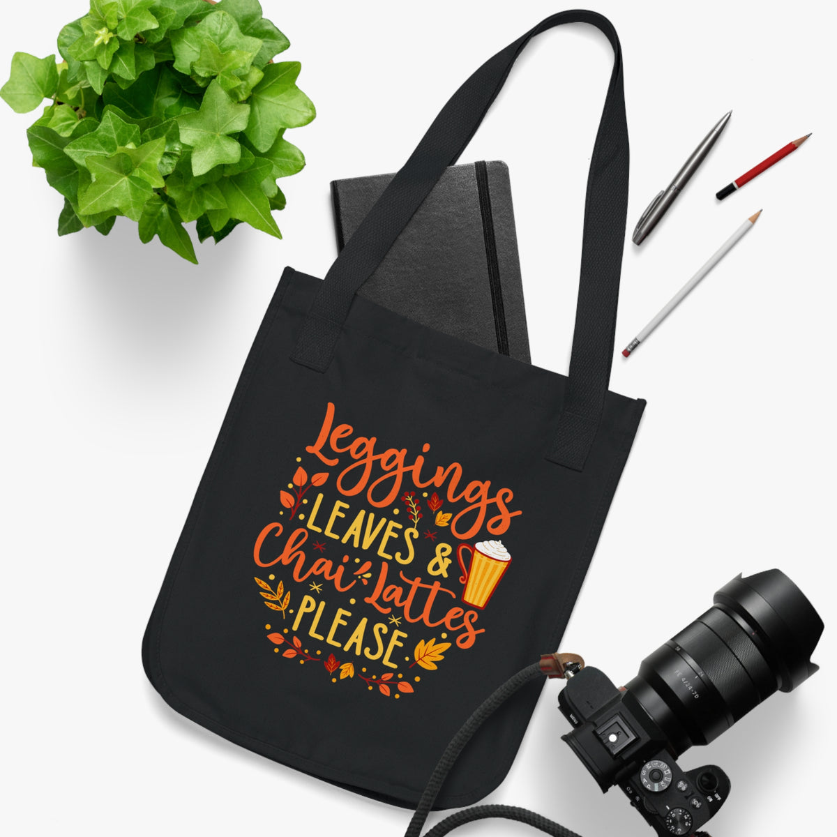 Leggings Leaves Chai Lattes Fall Lover Tote | Chai Tea Tote Bag | Fall Leaves Book Bag | Organic Canvas Tote Bag