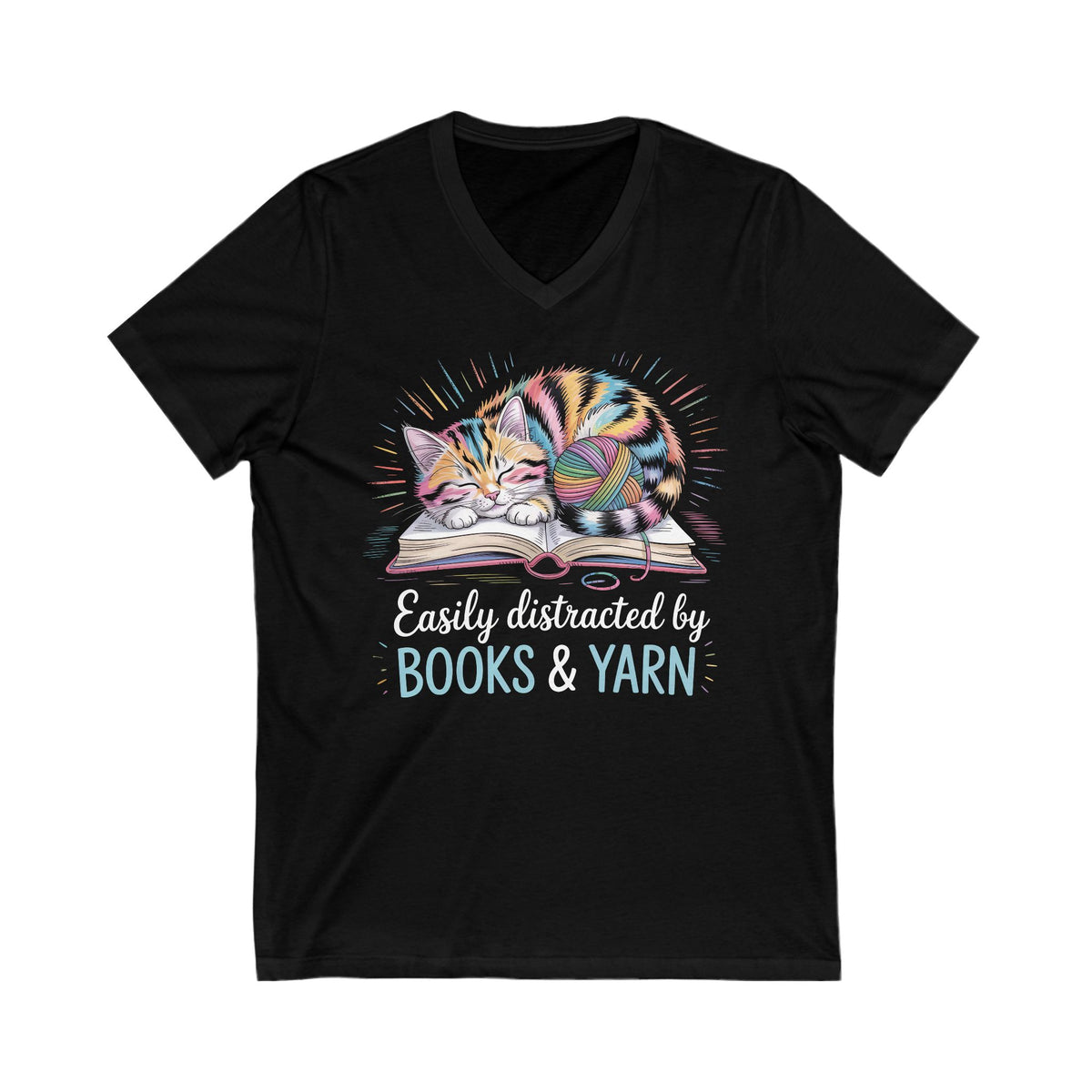 Easily Distracted by Books & Yarn Cat Shirt | Book Lover Gift | Cat Lover Knitting Shirt | Bookish Shirt | Unisex Jersey Short Sleeve V-Neck T-shirt