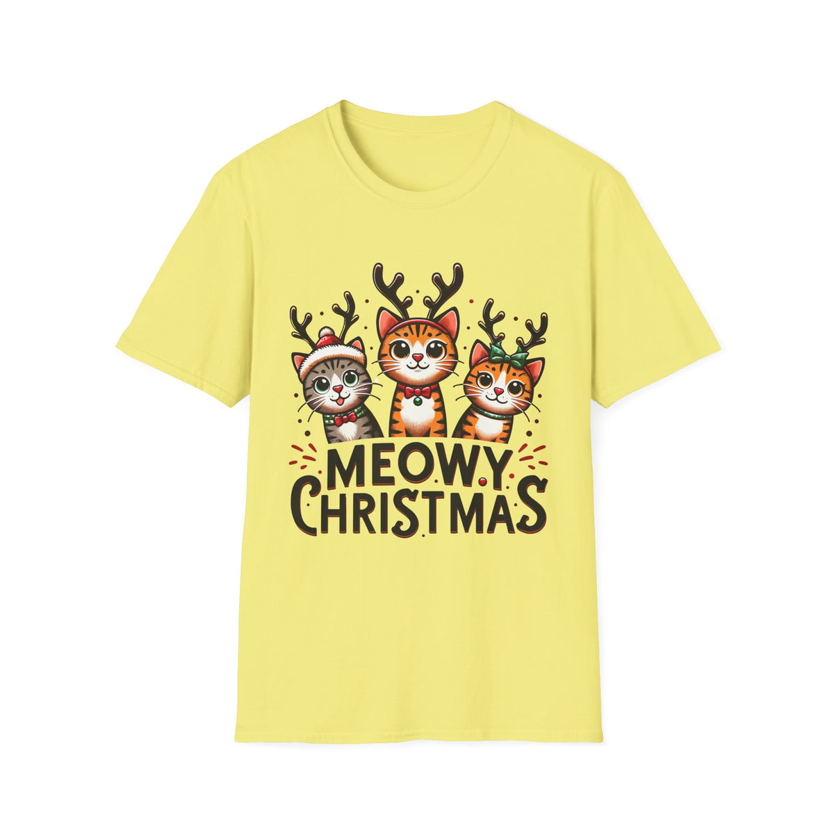 Meowy Christmas Funny Cat Shirt | Cat Lover Gift |  Cute Reindeer Shirt |  Merry Christmas Gift | Unisex Soft Style T-shirt