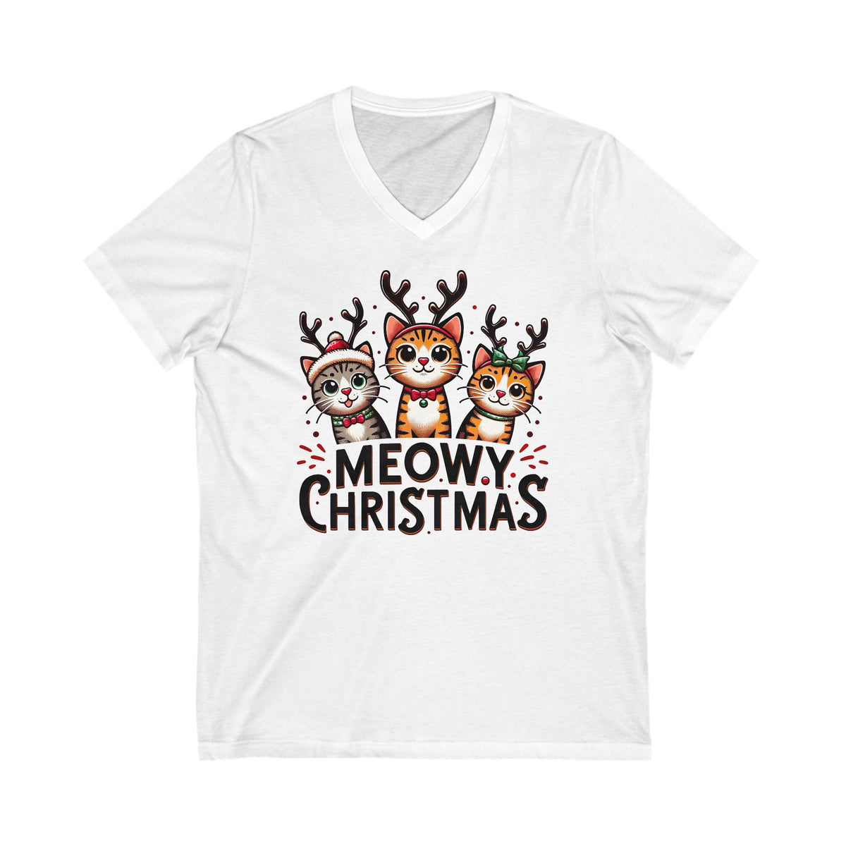 Meowy Christmas Funny Cat Shirt | Cat Lover Gift |  Cute Reindeer Shirt |  Merry Christmas Gift | Unisex Jersey V-Neck T-shirt