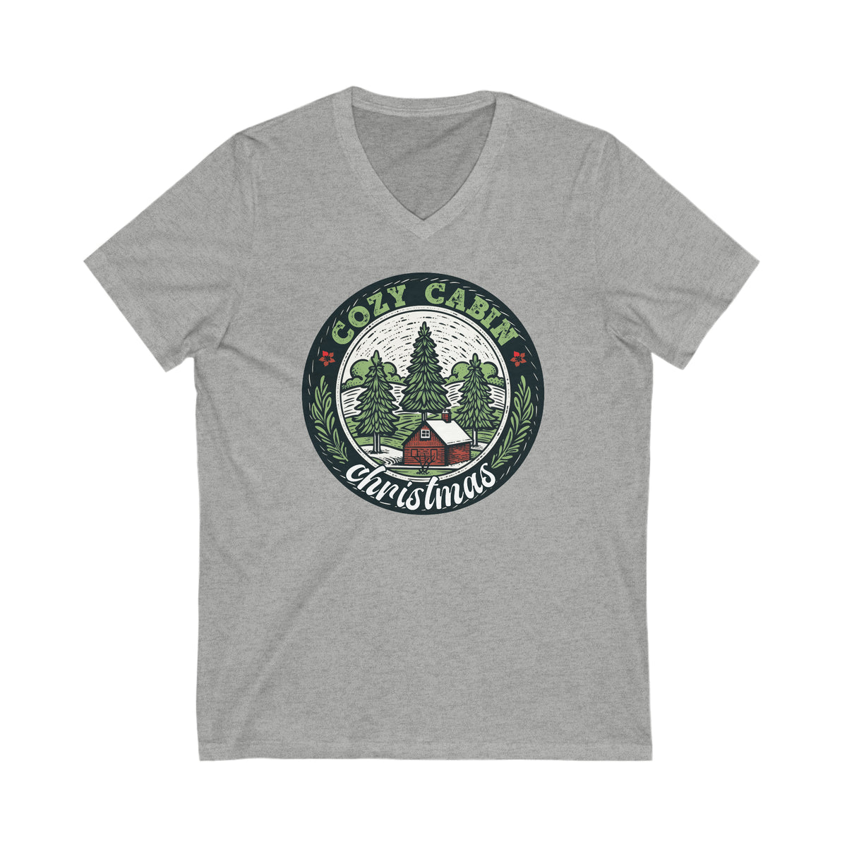 Cozy Cabin Christmas Tree Shirt | Vintage Christmas Gift For Her | Unisex Jersey V-neck T-shirt