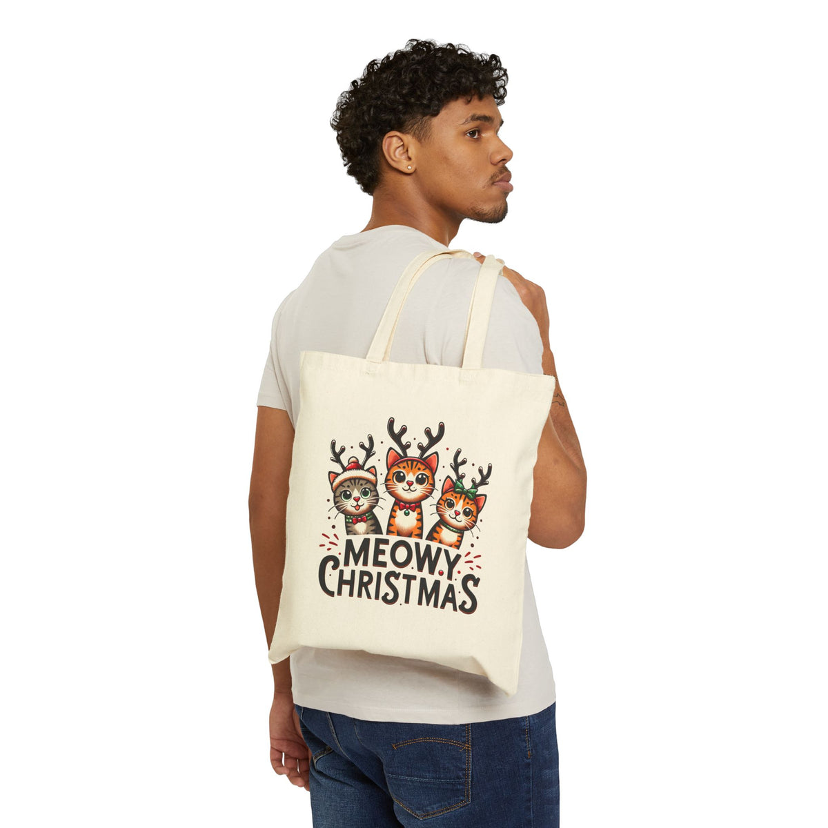 Meowy Christmas Funny Cat Tote Bag | Cat Lover Gift |  Cute Reindeer Tote |  Merry Christmas Gift Bag | Cotton Canvas Tote Bag