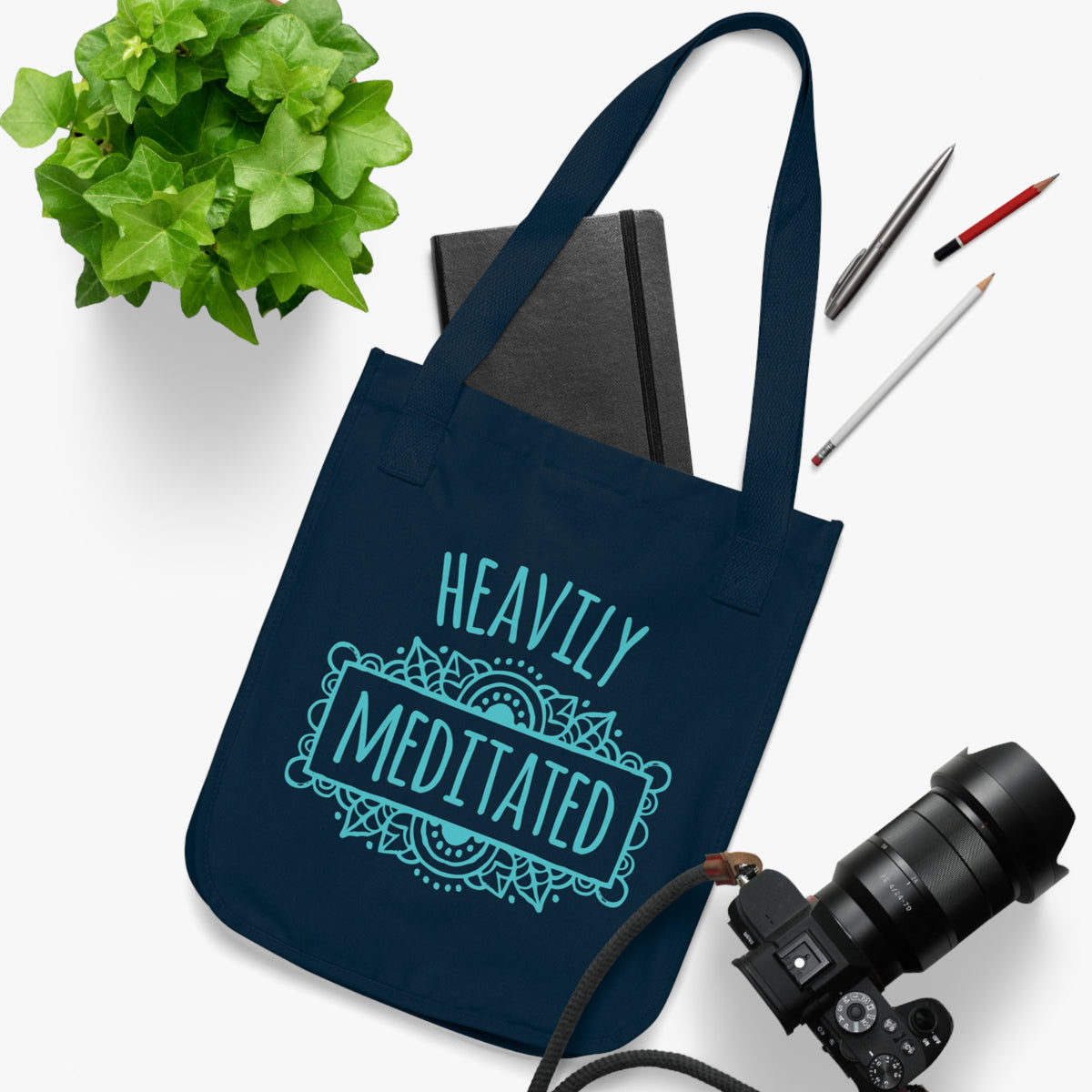 Heavily Meditated Funny Yoga Lover Tote Bag | Navy Canvas Tote Bag