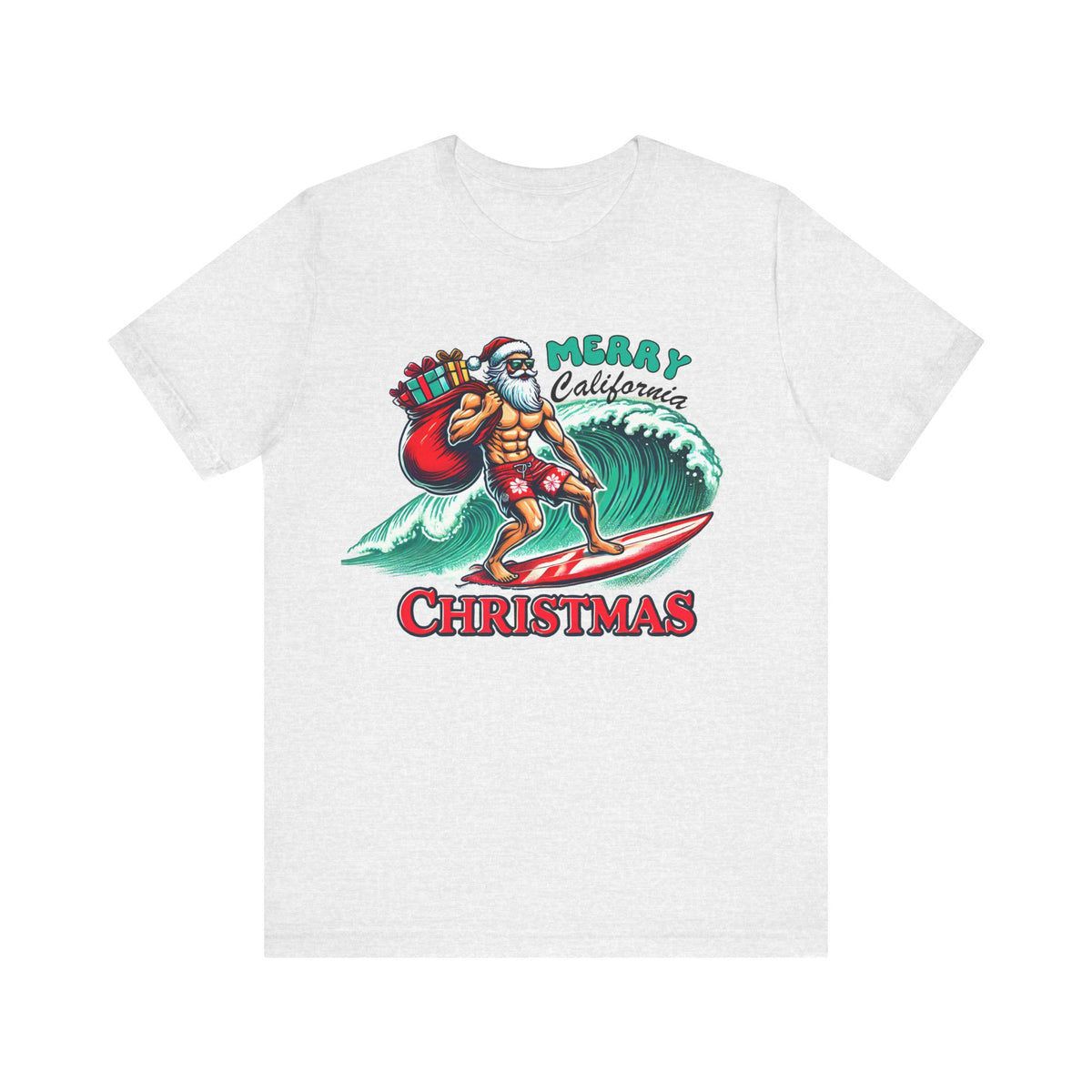 Funny California Christmas Shirt | Surfing Santa Shirt | Gift for Beach Bum | Unisex Jersey T-shirt