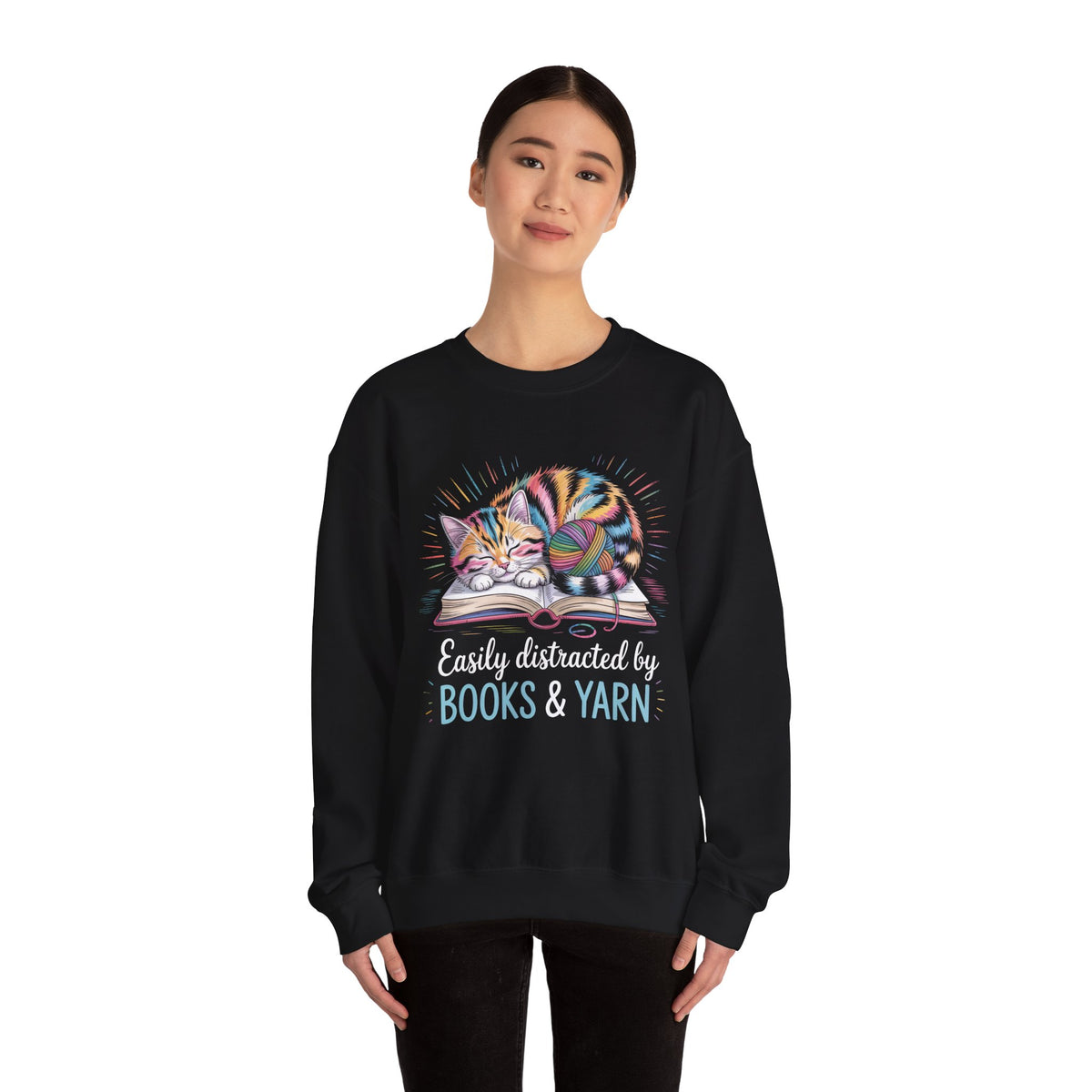 Easily Distracted by Books & Yarn Cat Shirt | Book Lover Gift | Cat Lover Knitting Shirt | Bookish Shirt | Unisex Crewneck Sweatshirt