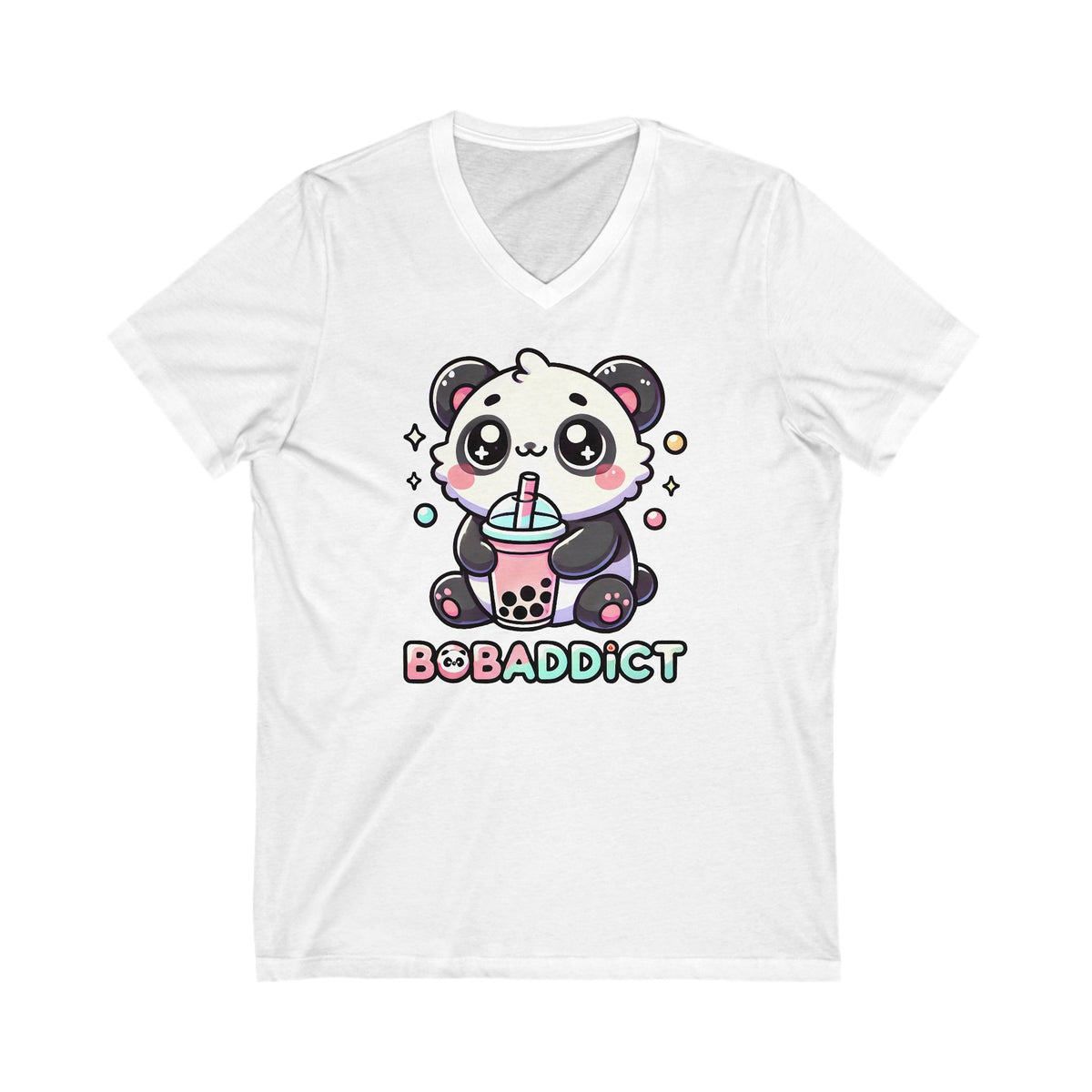 Boba Addict Cute Panda Bear Boba Tea Shirt | Kawaii Boba Shirt | Bubble Tea Lover Shirt | Unisex Jersey Short Sleeve V-Neck T-shirt