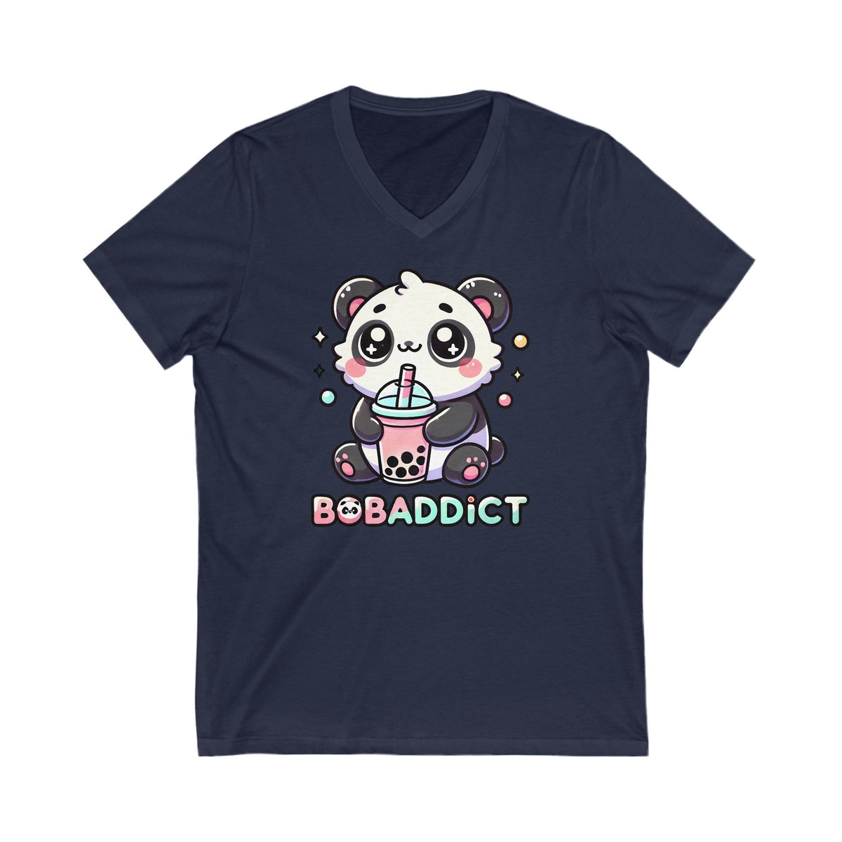 Boba Addict Cute Panda Bear Boba Tea Shirt | Kawaii Boba Shirt | Bubble Tea Lover Shirt | Unisex Jersey Short Sleeve V-Neck T-shirt