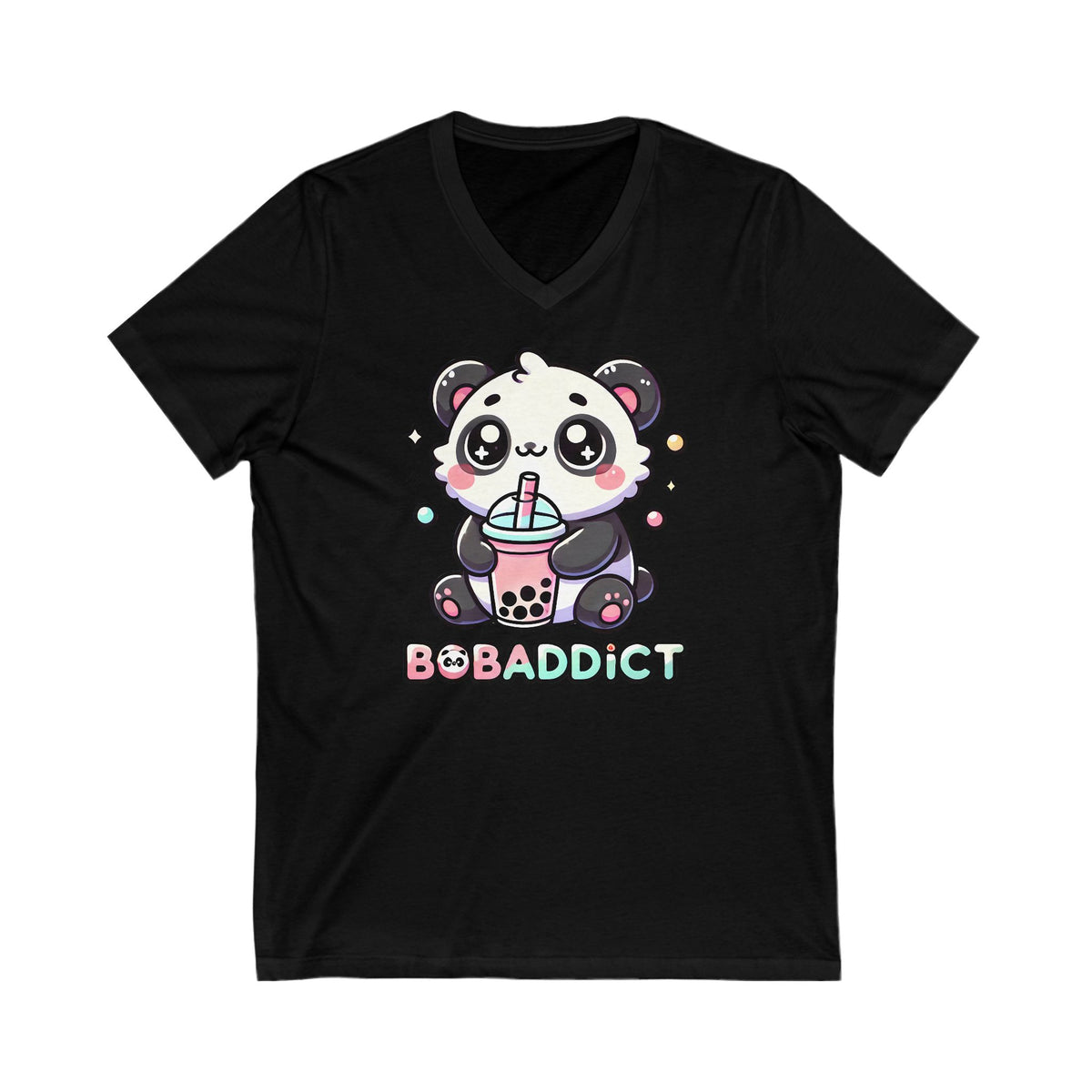 Boba Addict Cute Panda Bear Boba Tea Shirt | Kawaii Boba Shirt | Bubble Tea Lover Shirt | Unisex Jersey Short Sleeve V-Neck T-shirt