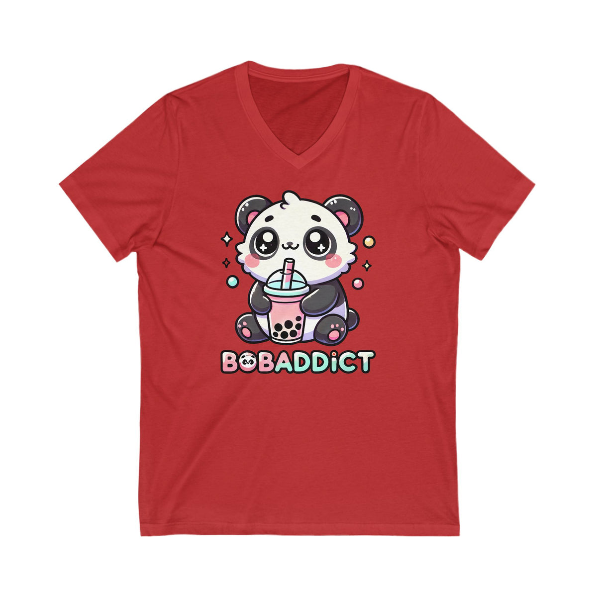 Boba Addict Cute Panda Bear Boba Tea Shirt | Kawaii Boba Shirt | Bubble Tea Lover Shirt | Unisex Jersey Short Sleeve V-Neck T-shirt