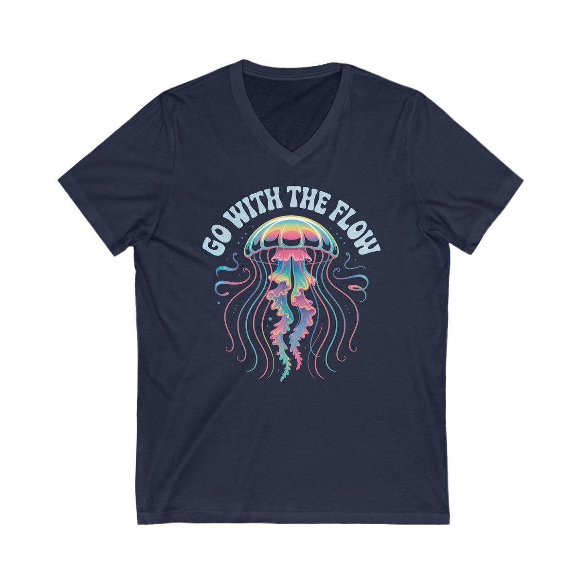 Go With The Flow Cute Jellyfish Shirt | Marine Life Mindfulness Shirt | Beach Bum Gift | Unisex Jersey V-neck T-shirt
