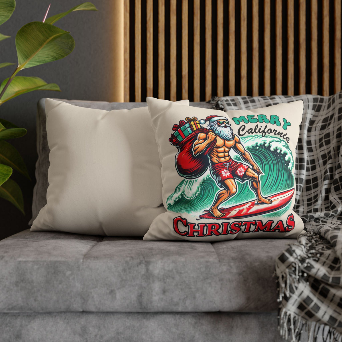 California Christmas Throw Pillow Cover | Surfing Santa Beach Decor | Beach Bum Gift | Christmas Home Decor | Faux Suede Pillow Case