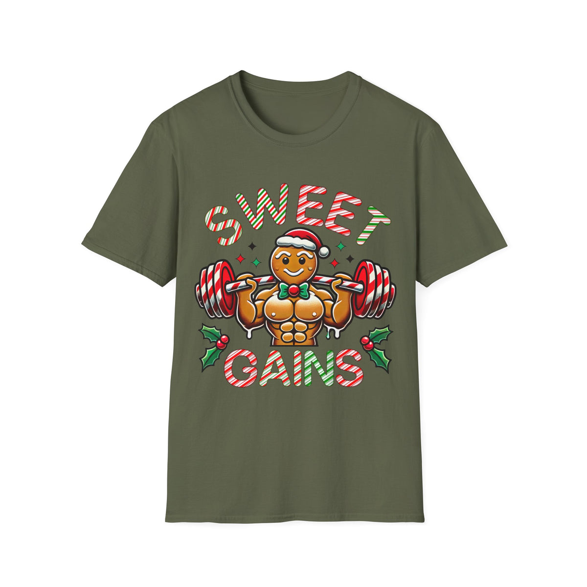 Sweet Gains Gingerbread  Gym Workout Shirt | Funny Christmas Gingerbread Shirt | Gym Rat Gift | Unisex Soft Style T-Shirt