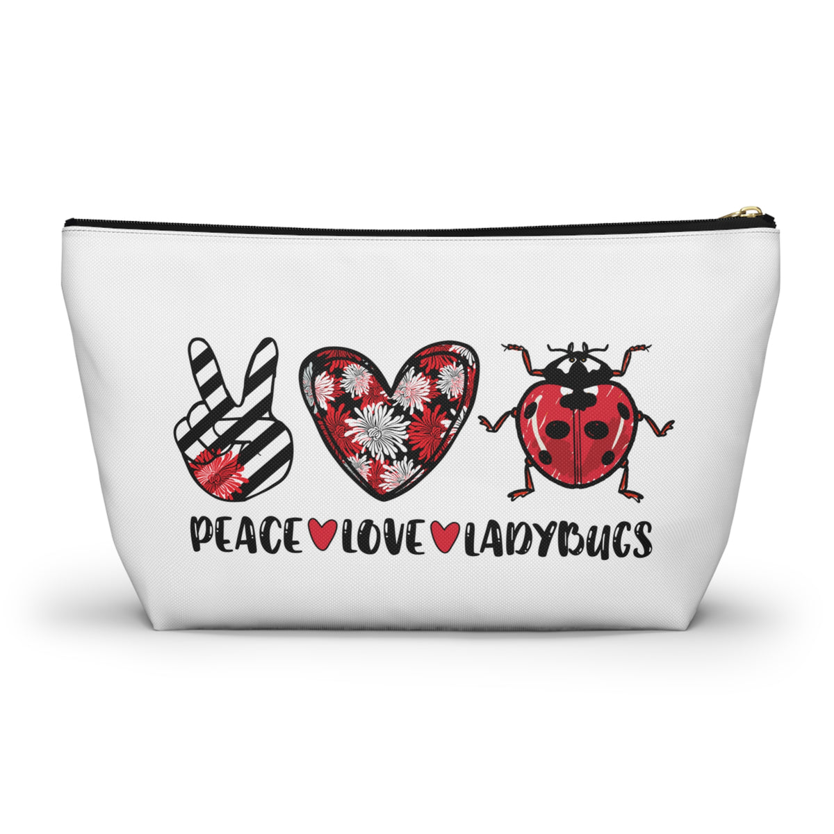 Peace Love Ladybug Gifts, Cute Makeup Bag, Lady Bug Make Up Bag, Accessory Pouch w T-bottom