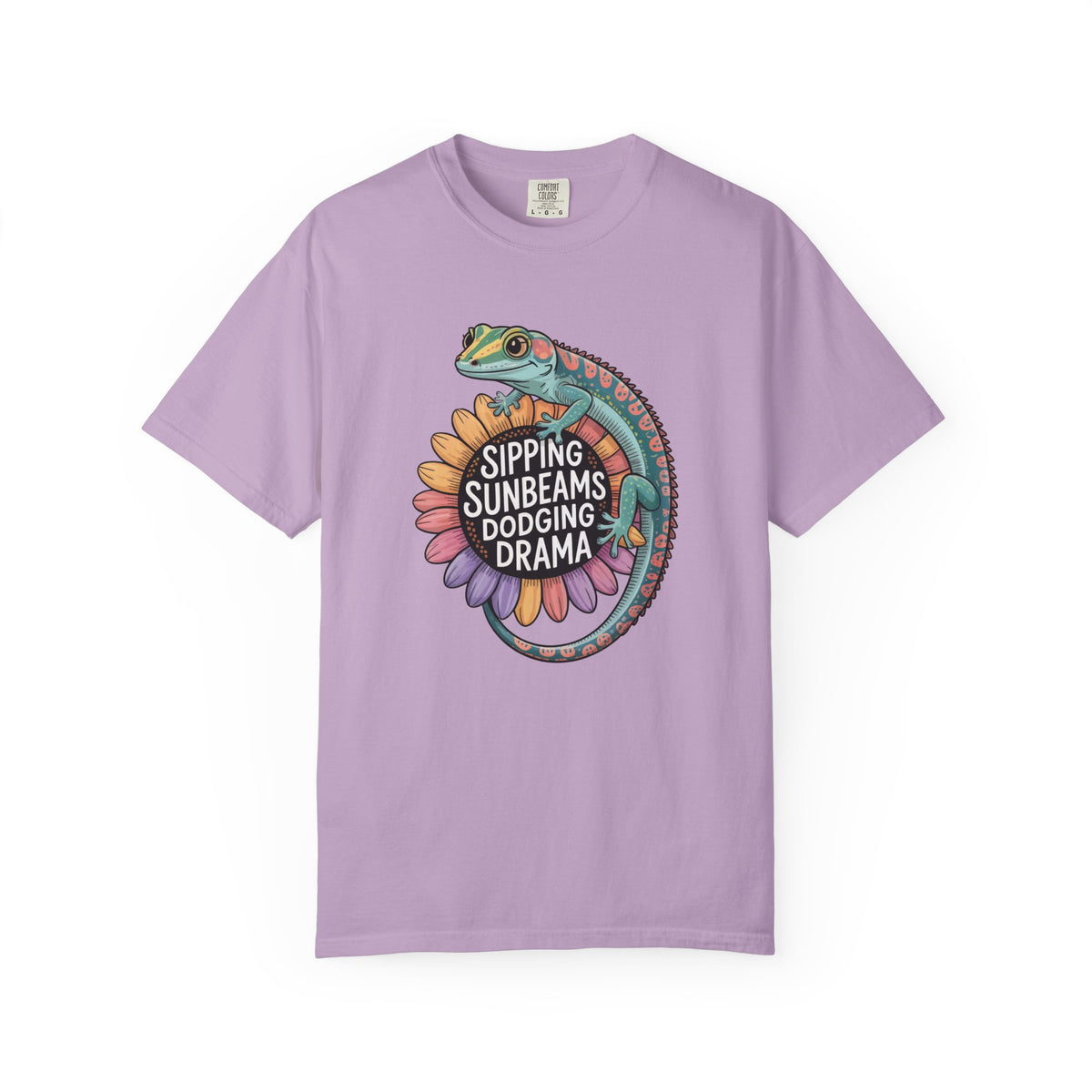Sipping Sunbeams Cute Gecko Sunflower Shirt | Positive Vibes Summer Shirt | Unisex Garment-Dyed T-shirt