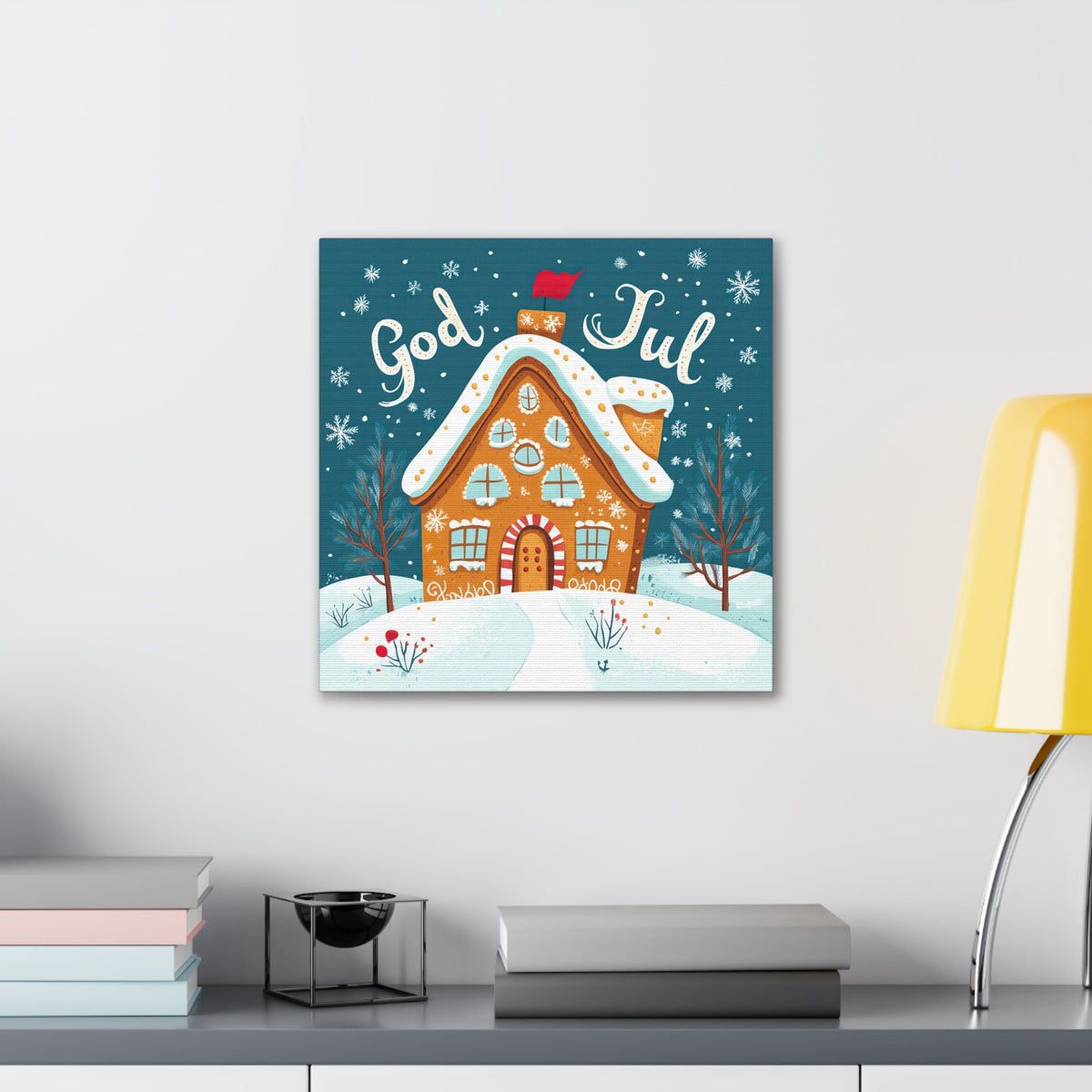 God Jul Scandinavian Christmas Gingerbread House Wall Art | Nordic Christmas Gift Home Decor | Square Canvas Gallery Art