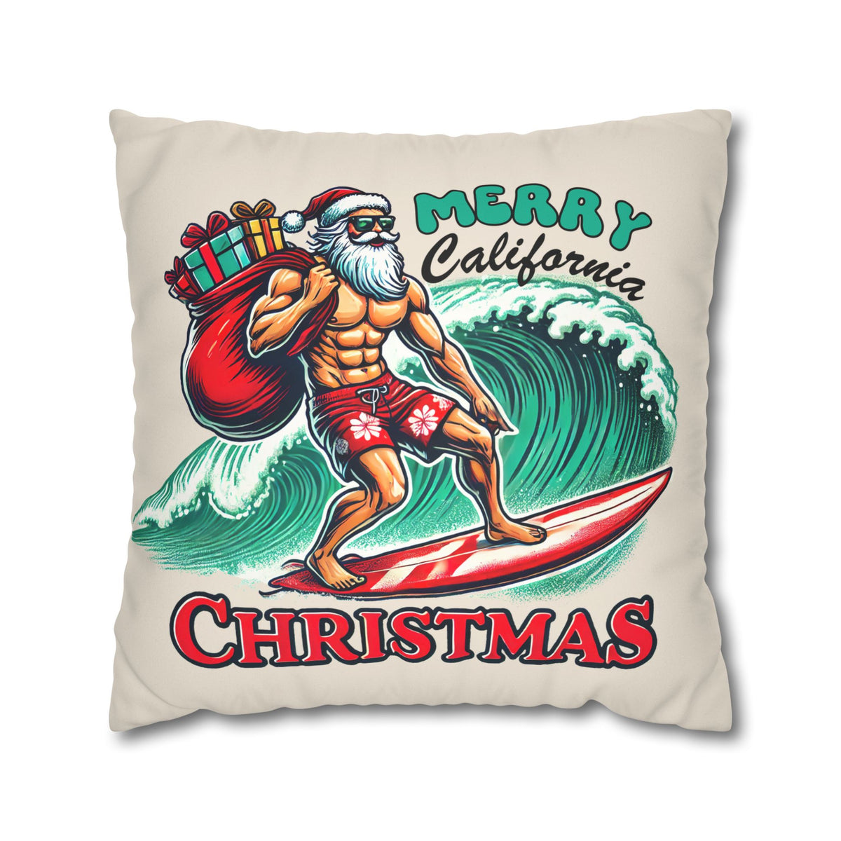 California Christmas Throw Pillow Cover | Surfing Santa Beach Decor | Beach Bum Gift | Christmas Home Decor | Faux Suede Pillow Case