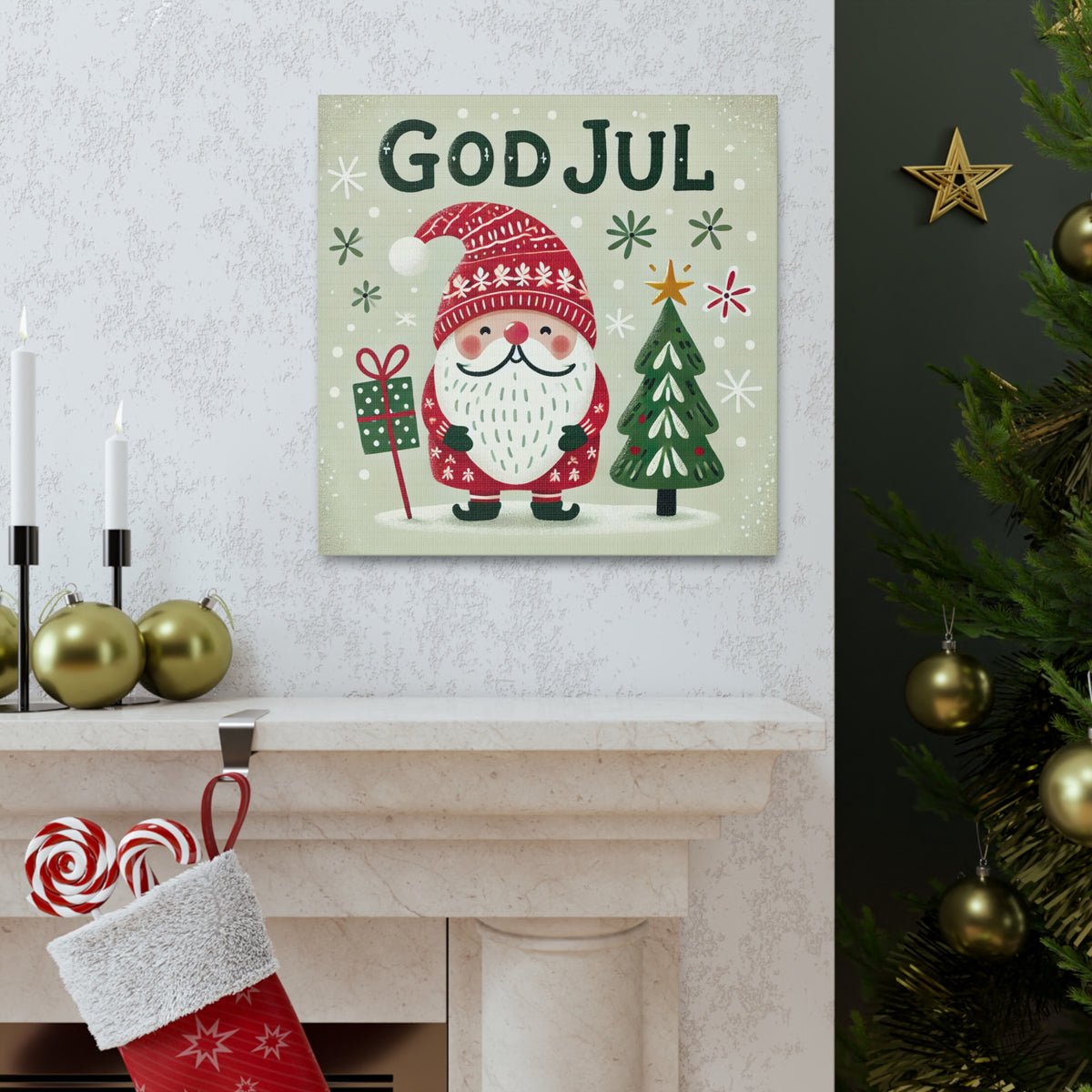 God Jul Scandinavian Christmas Gnome Wall Art | Nordic Christmas Gift Home Decor  | Farmhouse Wall Art | Square Canvas Gallery Art