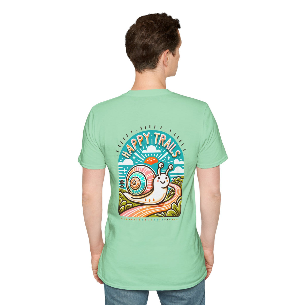 Happy Trails Funny Snail Hiking Shirt | Hiking Gift For Him | Back Print Shirt | Camping Shirt | Unisex Soft Style T-Shirt