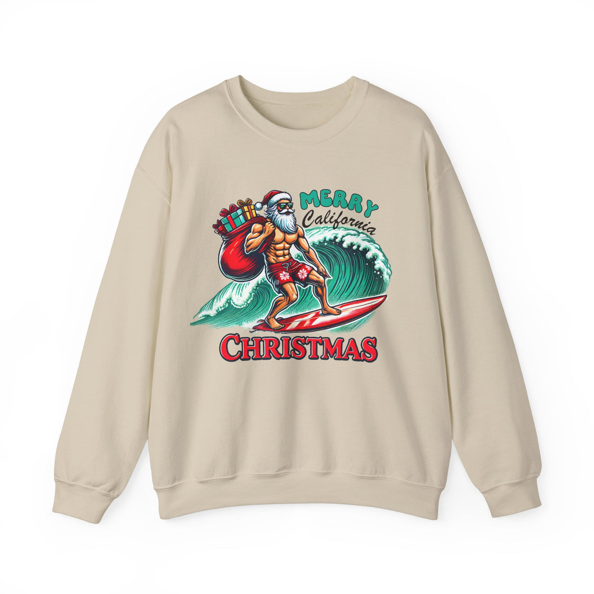 Funny California Christmas Sweatshirt | Surfing Santa Shirt | Gift for Beach Bum | Unisex Crewneck Sweatshirt