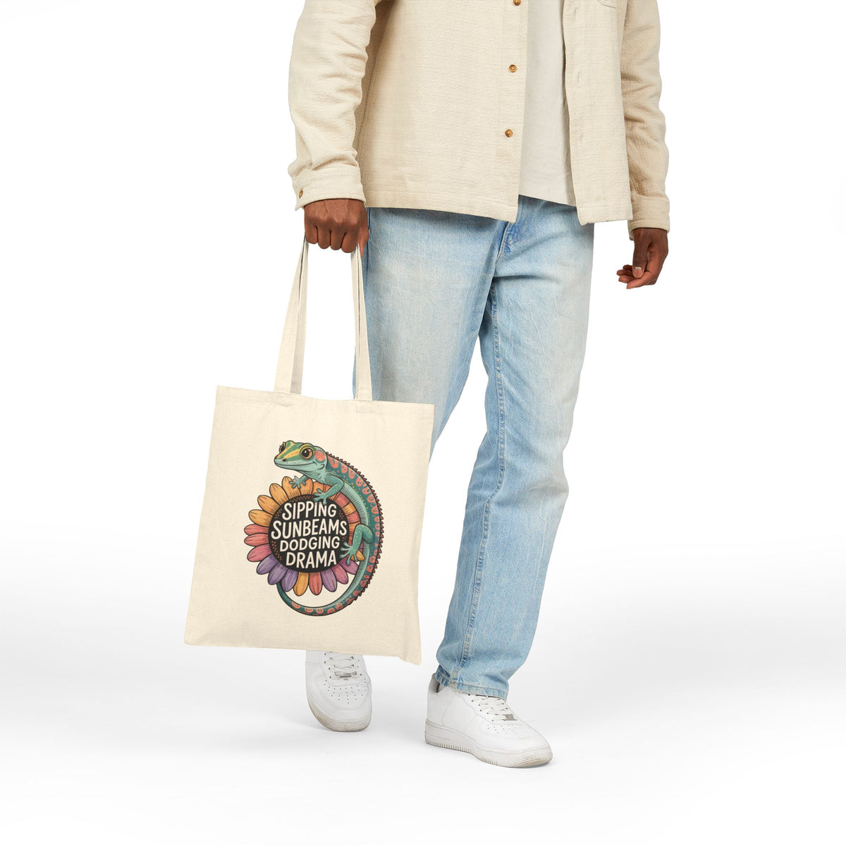 Sipping Sunbeams Cute Gecko Sunflower Tote | Positive Vibes Summer Gift Bag | Cotton Canvas Tote Bag
