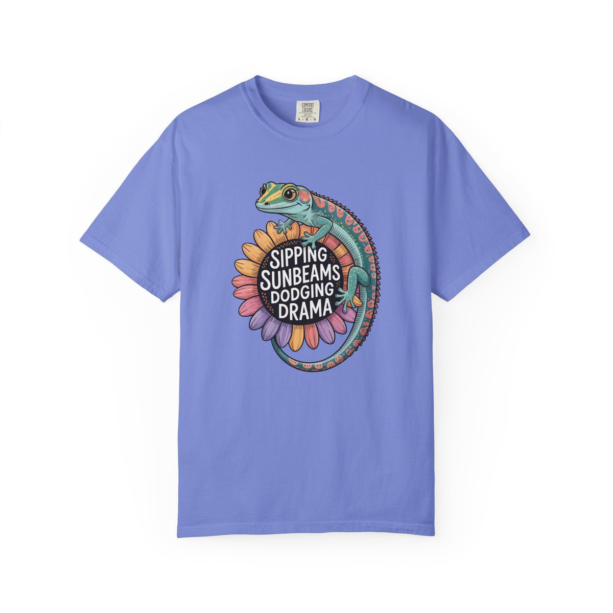 Sipping Sunbeams Cute Gecko Sunflower Shirt | Positive Vibes Summer Shirt | Unisex Garment-Dyed T-shirt