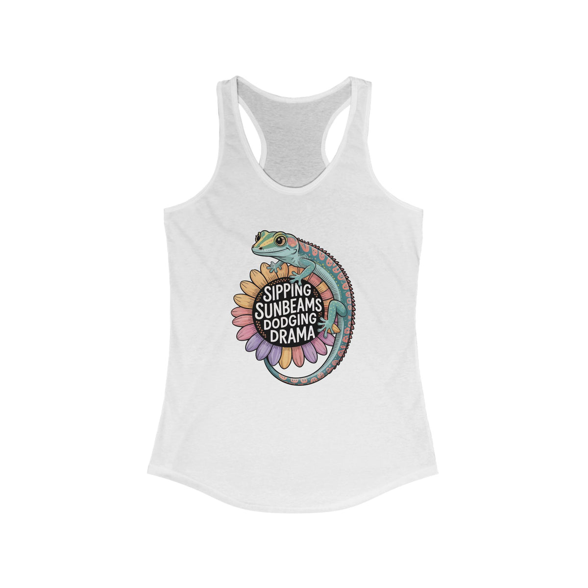 Sipping Sunbeams Cute Gecko Sunflower Shirt | Positive Vibes Summer Shirt | Women's Slim Fit Ideal Racerback Tank