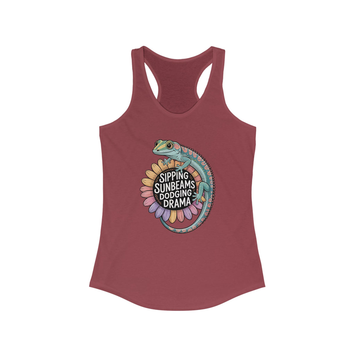 Sipping Sunbeams Cute Gecko Sunflower Shirt | Positive Vibes Summer Shirt | Women's Slim Fit Ideal Racerback Tank