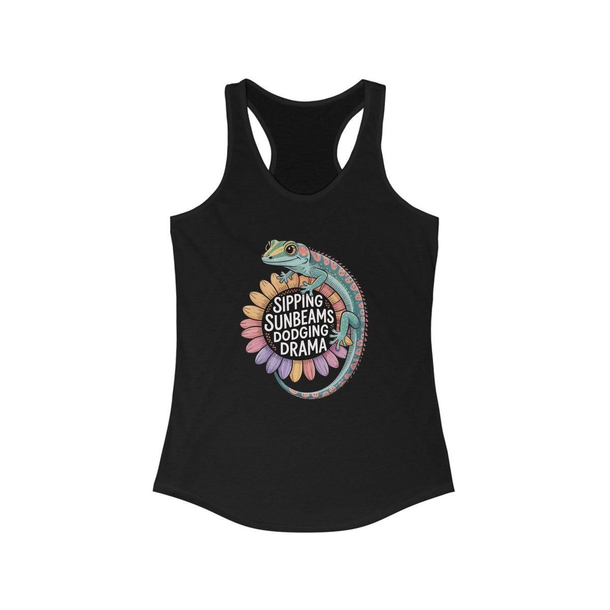 Sipping Sunbeams Cute Gecko Sunflower Shirt | Positive Vibes Summer Shirt | Women's Slim Fit Ideal Racerback Tank
