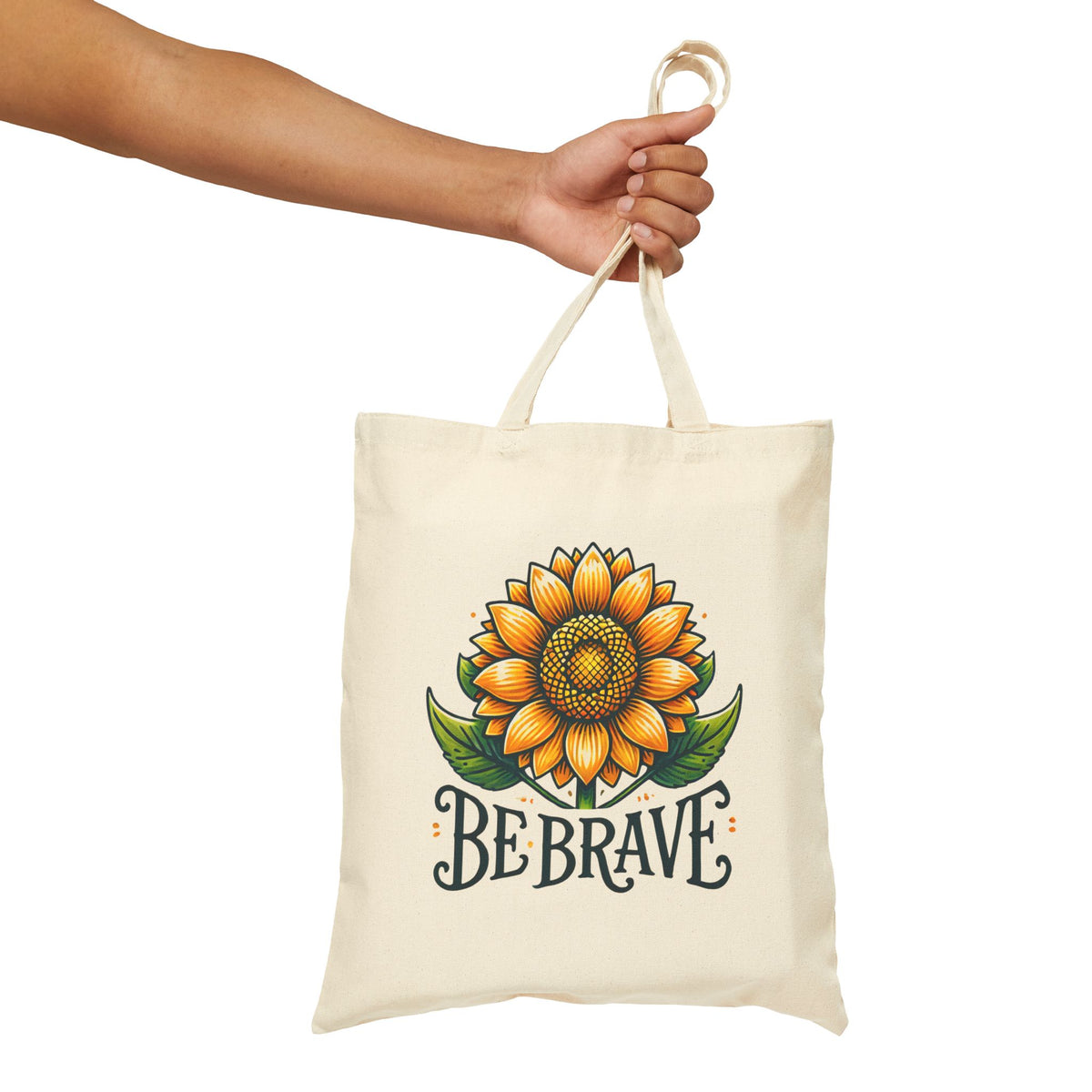 Be Brave Motivational Sunflower Tote Bag | Botanical Bag  Positive Message Empowerment Book Bag | Nature Lover Gift | Cotton Canvas Tote Bag