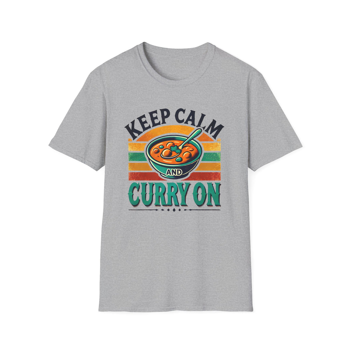 Keep Calm Curry On Indian Funny Foodie Shirt | Indian Food Shirt | Funny Indian Gift | Unisex Soft style T-Shirt