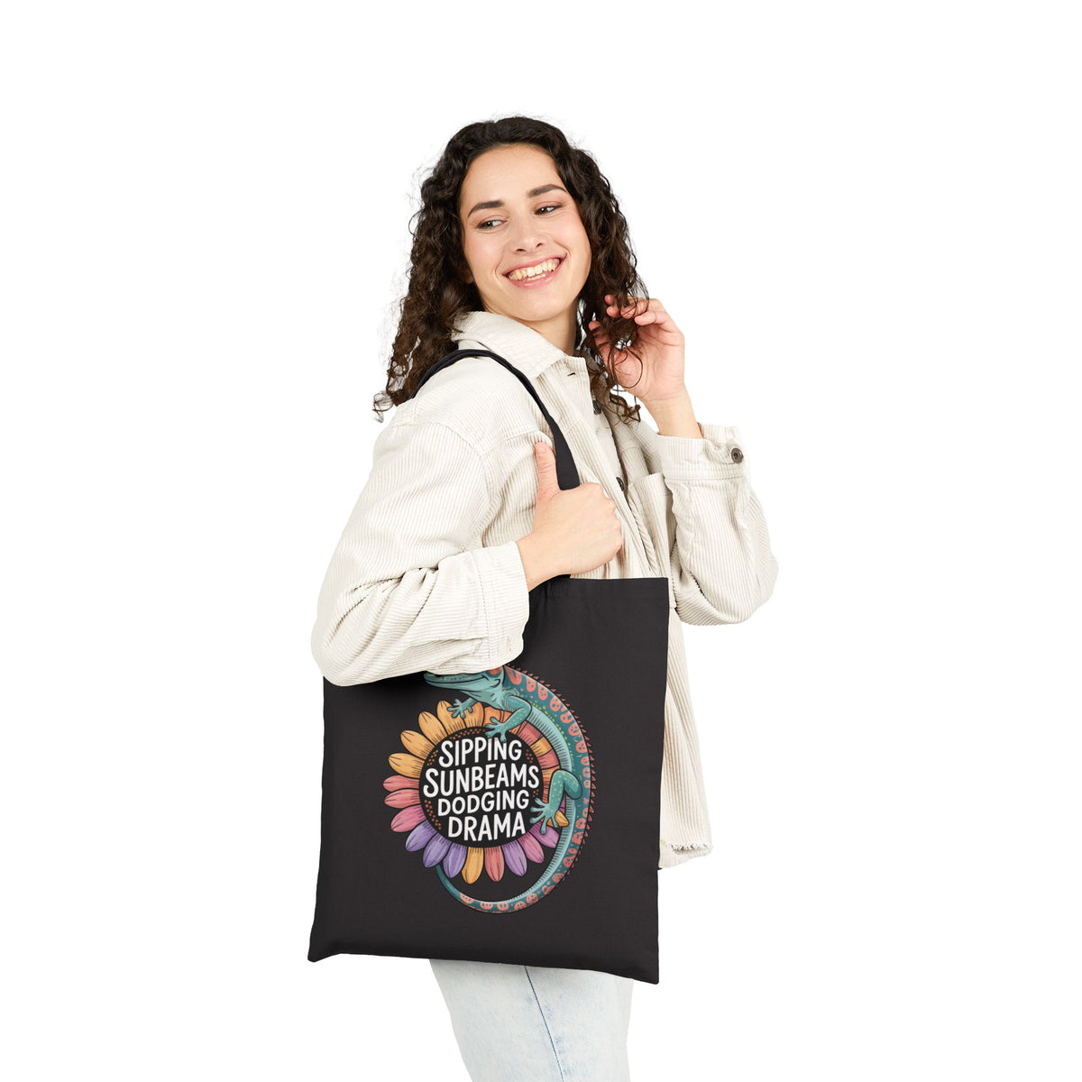 Sipping Sunbeams Cute Gecko Sunflower Tote | Positive Vibes Summer Gift Bag | Cotton Canvas Tote Bag