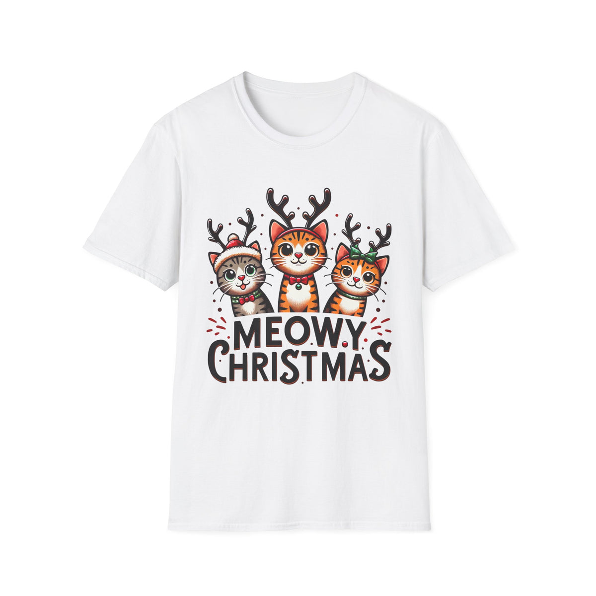 Meowy Christmas Funny Cat Shirt | Cat Lover Gift |  Cute Reindeer Shirt |  Merry Christmas Gift | Unisex Soft Style T-shirt