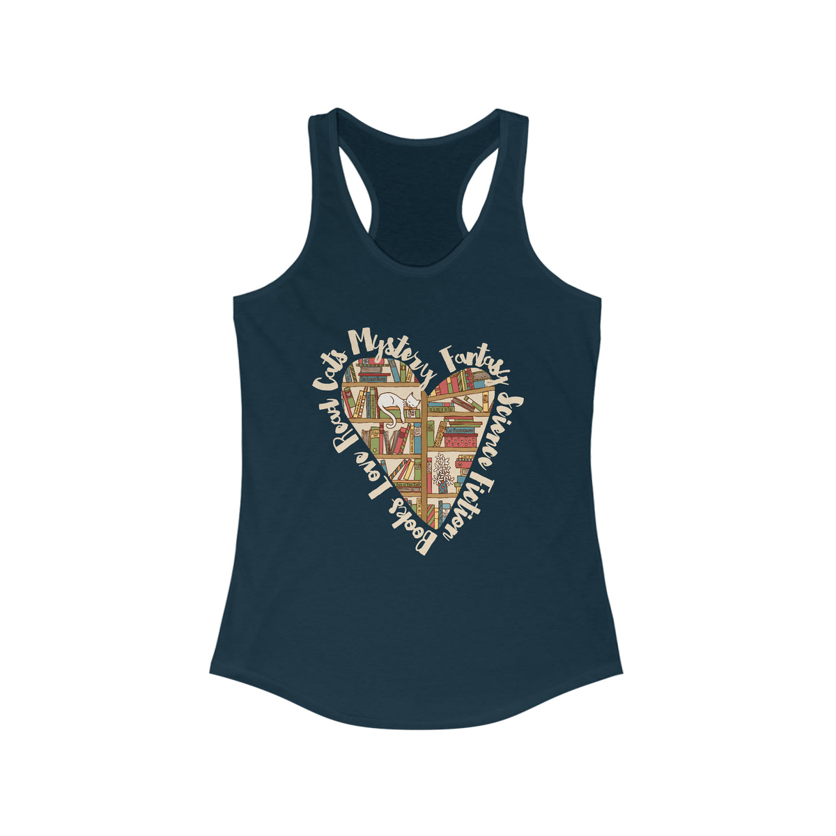 Book Lover Heart Cat Lady T-shirt | Cat Lover Bookworm Gifts | Women's Slim-fit Racerback Tank Top