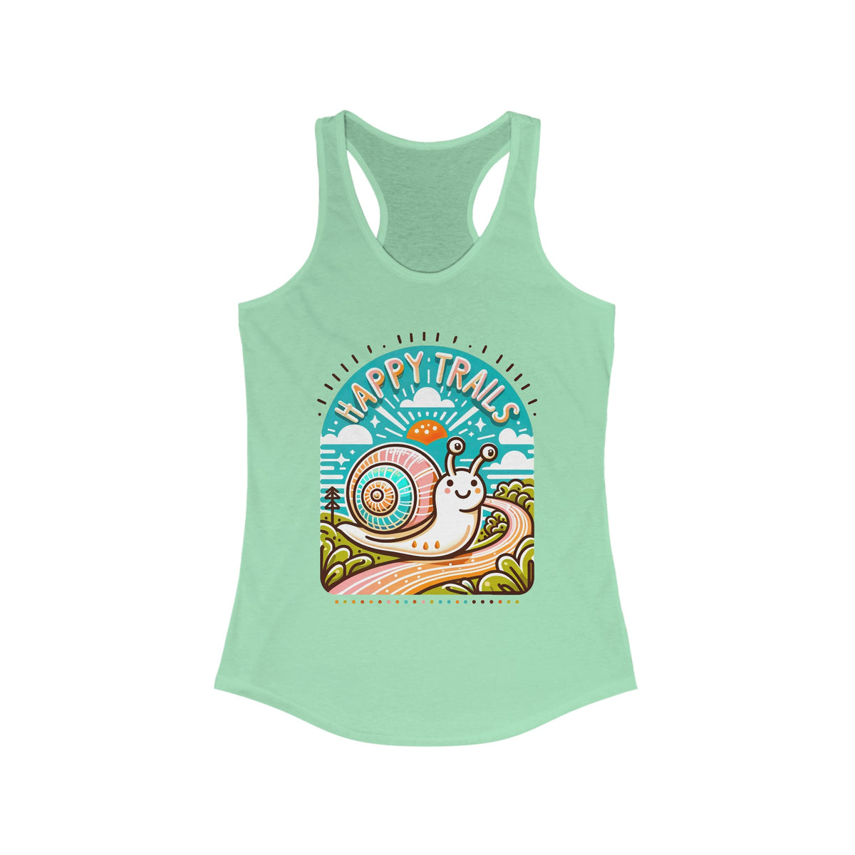 Happy Trails Funny Snail Hiking Shirt | Hiking Gift For Her | Back Print Shirt | Camping Shirt || Women's Ideal Racerback Tank