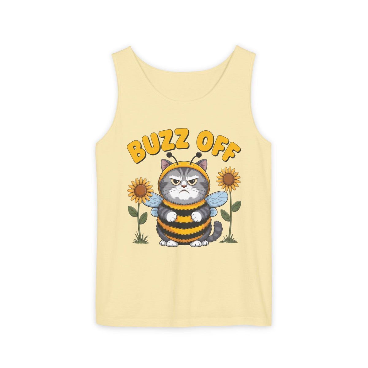 Buzz Off Funny Cat Meme Shirt | Cat Lover Introvert Shirt | Cute Bee Antisocial Shirt | Unisex Garment-Dyed Tank Top