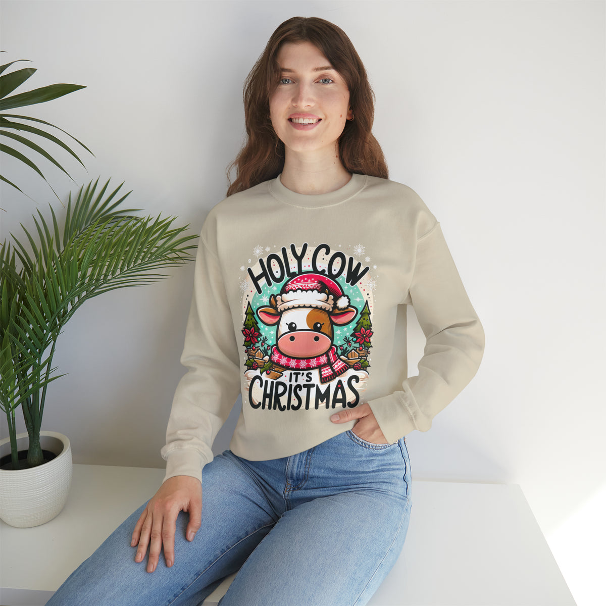 Holy Cow It's Christmas Sweatshirt | Cute Cow Shirt | Farm Girl Gift | Cow Christmas Shirt  | Unisex Crewneck Sweatshirt