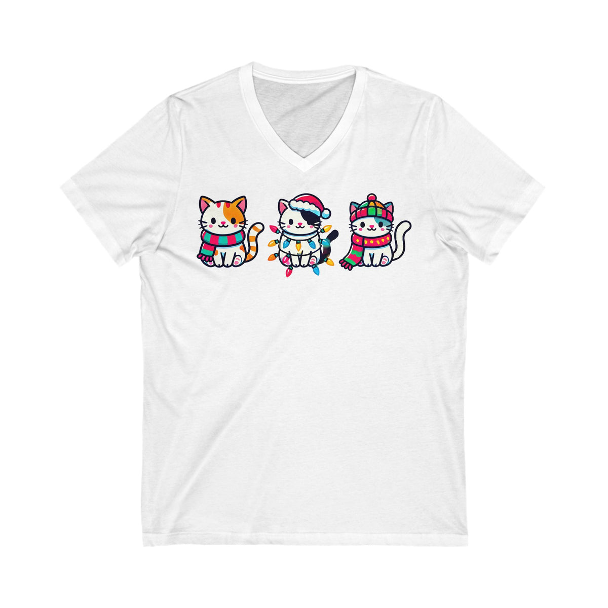 Cute Kawaii Cat Christmas Lights Shirt | Christmas Cat V-neck T-shirt | Cat Lover Gift For Her | Unisex Jersey V-neck T-shirt