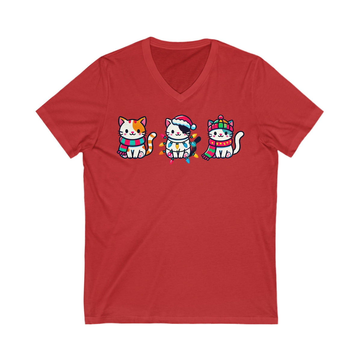 Cute Kawaii Cat Christmas Lights Shirt | Christmas Cat V-neck T-shirt | Cat Lover Gift For Her | Unisex Jersey V-neck T-shirt