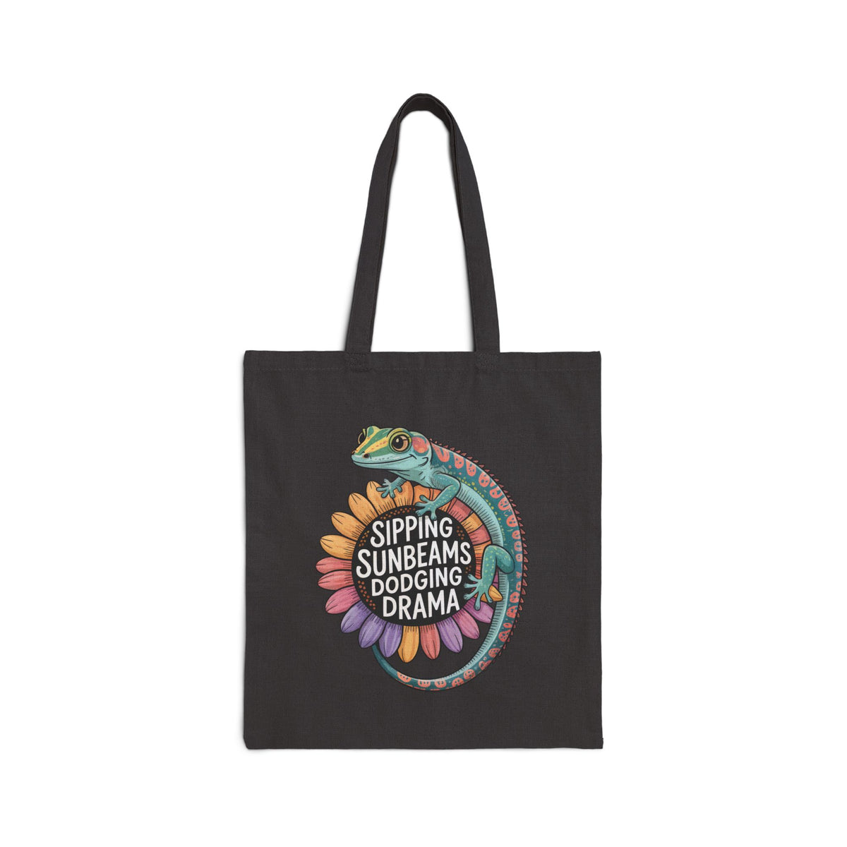 Sipping Sunbeams Cute Gecko Sunflower Tote | Positive Vibes Summer Gift Bag | Cotton Canvas Tote Bag