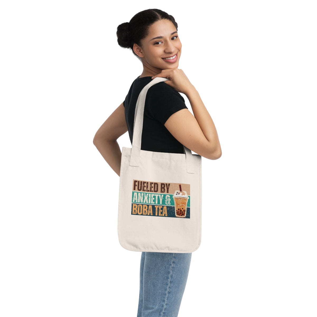 Funny Boba Tea Tote Bag | Fueled by Anxiety Book Bag | Bubble Tea Lover Gift | Organic Canvas Tote Bag